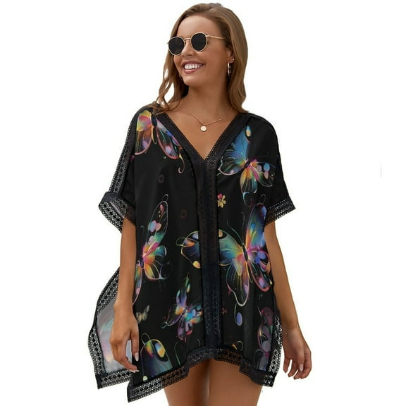 Colorful Butterfly with Glittering Wings Women's Swimsuit Coverup Summer Beach Cover Up Bathing Suit Dress