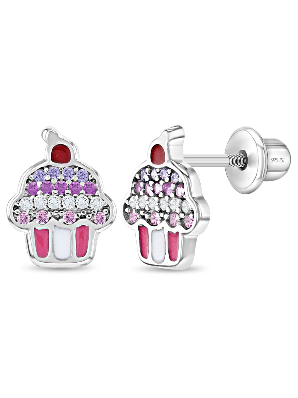 Colorful CZ Cupcake Baby / Toddler / Kids Earrings Screw Back - Sterling Silver