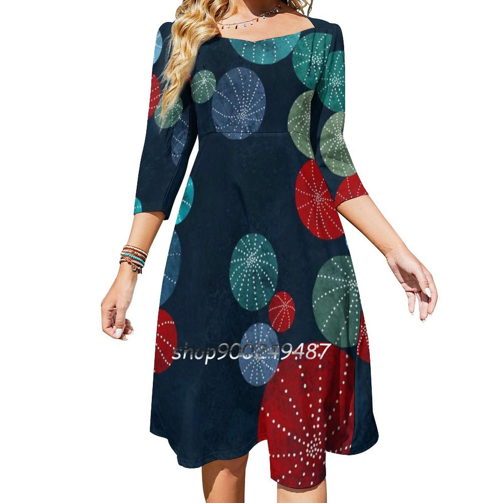 Colorful Cactus Field Flare Dress Square Neck Dress Elegant Female Colorful Cactus Field Flare Dress Square Neck Dress Elegant Female