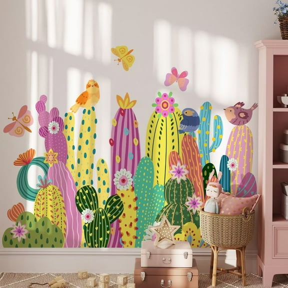Colorful Cactus Peel and Stick Wall Decals Removable Beautiful Nursery Wall Decor Tropical Plants Colorful Vinly Stickers for Kids Bedroom Playroom Decor