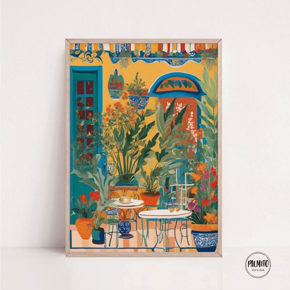 Colorful Cafe Facade Botanical Coffee Shop Wall Art Poster