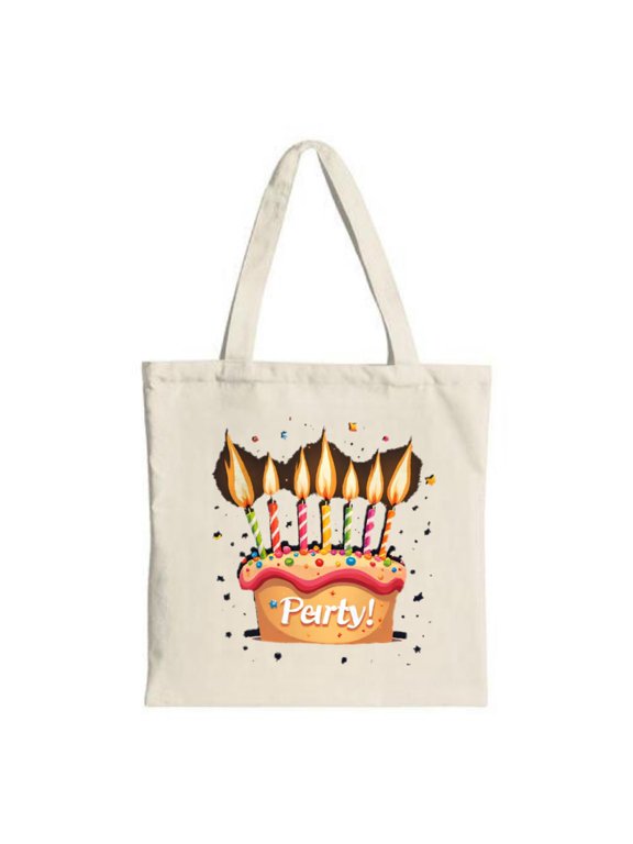 Colorful Cake Tote Bag - Pink Frosting Candles & ' Party ' Design Perfect for Shopping Travel & Celebrations - Reusable Canvas Bag