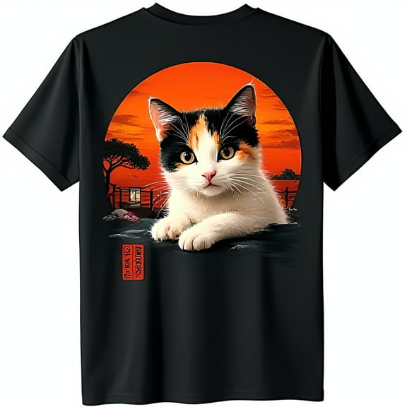 Colorful Calico Cat T-Shirt on Sunset Background Short Sleeve Black Tee