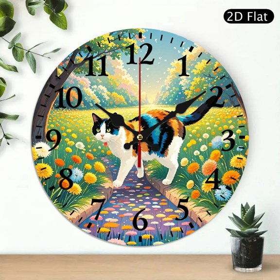 Colorful Calico Cat Walking Through Floral Garden Wall Clock, Whimsical Flower Meadow Decorative Round Clock, 10x10 Inch, 1pc, Battery Not Included