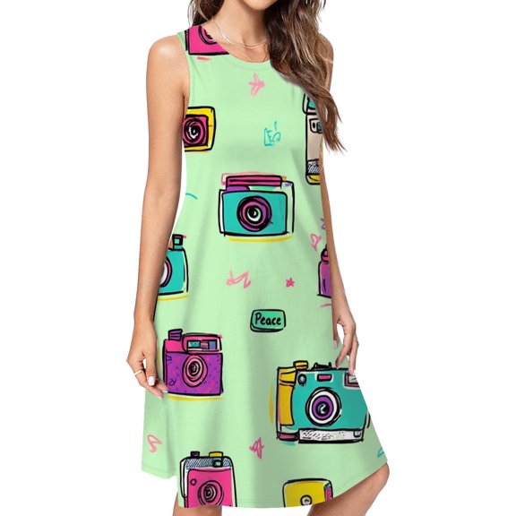 Colorful Camera Pattern Print Dress Elegant Party Dresses Evening Dresses Women Dress Sleeveless Dress Ladies Dresses