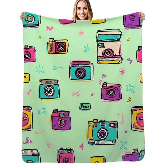 Colorful Camera Pattern Print Flannel Blanket Warm Soft Bedding Throws Winter Camping Chair Sofa Bed
