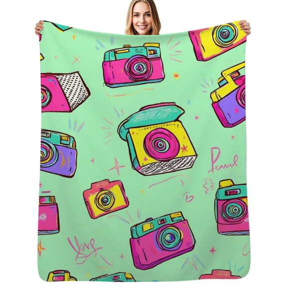 Colorful Camera Pattern Print Flannel Blanket Warm Soft Bedding Throws Winter Camping Chair Sofa Bed