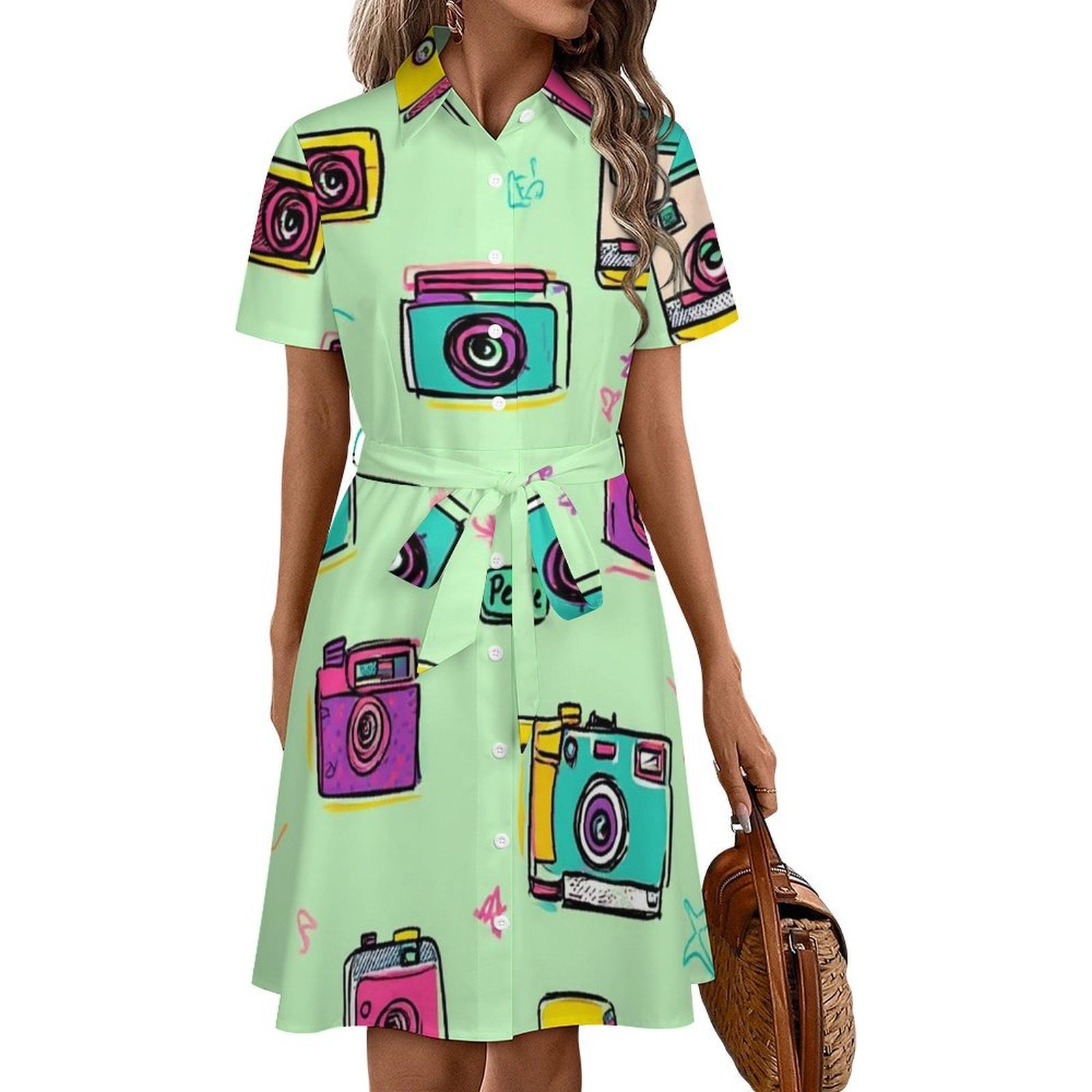 Colorful Camera Pattern Print Womens Shirt Dresses Women'S Short Sleeve ...