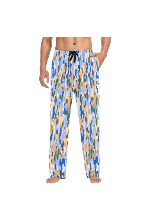 Colorful Camouflage Pattern Mens Cotton Pajama Pants Long Staple Lightweight Sleep Bottoms with Pockets Breathable