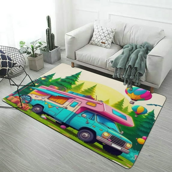 Colorful Camper in Forest Carpet Rug for Home Living Room Bedroom Sofa Doormat Decor Area Rug Non-slip Mat