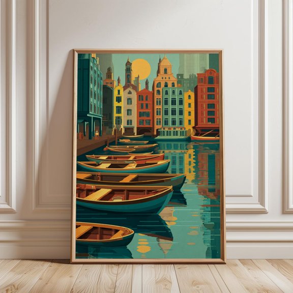 Colorful Canal City Boats Print Waterfront Sunset Urban Landscape Wall Art, Unframed Paper Print