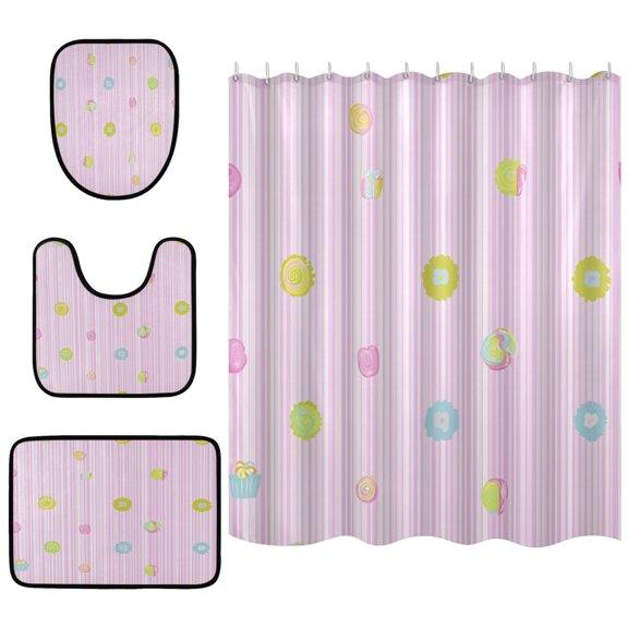 Colorful Candies on Striped Background Bathroom Accessory Curtain Sets Bath Curtain Anti-Slip Mats and Toilet Pad 66x72in