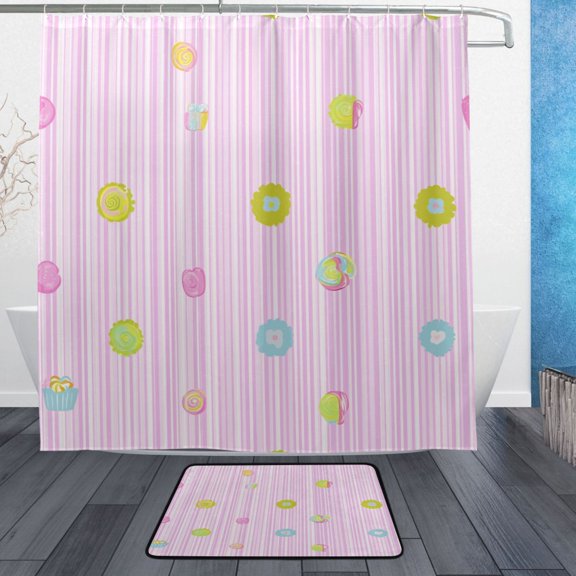 Colorful Candies on Striped Background Bathroom Accessory Sets Waterproof Shower Curtain with Anti-Slip Bath Mat Durable Combo