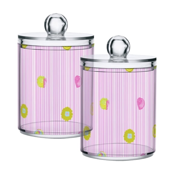 Colorful Candies on Striped Background Cotton Swabs Cans Translucent Plastic Canisters Dustproof Lid for Bathroom Storage