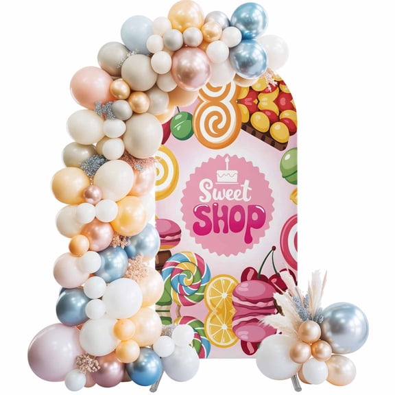 Colorful Candy Arch Backdrop Cover 4 FT Cake Sweet Shop Chocolate Sticks Fruit Stretchy Elastic Arch Stand Covers Spandex Arched Background Birthday Wedding Party Decoration (No Stand)