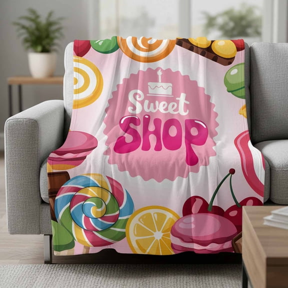 Colorful Candy Fleece Throw Blanket Cake Sweet Shop Chocolate Sticks Fruit Ultra Soft Fuzzy Cozy Flannel Throw Blanket for Couch Sofa Bed Car Travel, Ideal Gifts 30x40 Inches