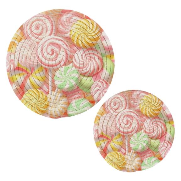 Colorful Candy Pattern Trivets Potholders Cotton Braided Potholders Heat-Resistant Pads 7.09'' and 9.45''