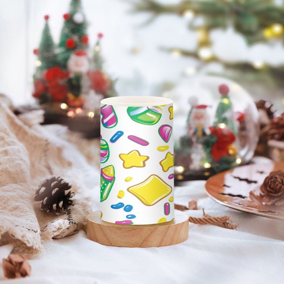 Colorful Candy Pattern Illustration Set of 2 Flameless LED Candles Remote and Timer Indoor Outdoor