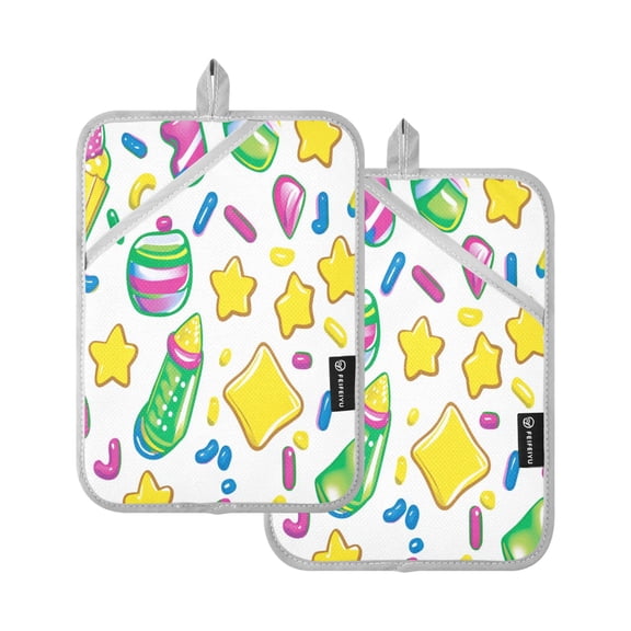 Colorful Candy Pattern Illustration Set of 2 Heat-Resistant Quilted Pads, Silver Polyester, 7" x 9.8"