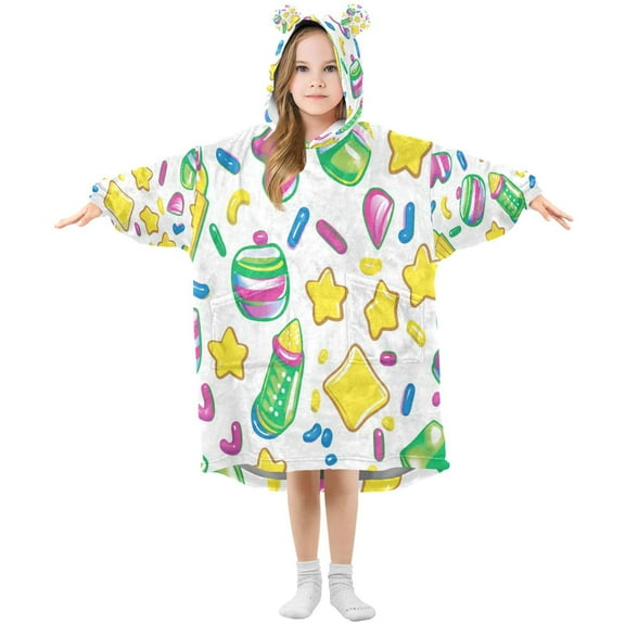 Colorful Candy Pattern Illustration Wearable Blankets Hoodie Oversize Sherpa Wearable Soft Blanket Warm Cozy 3-14 Age