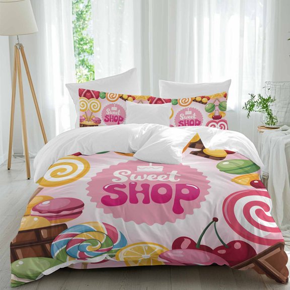 Colorful Candy Queen Size Comforter Set, Cake Sweet Shop Chocolate Sticks Fruit Bedding for All Seasons, 4 Pcs Bed Set, 1Quiltcover (90"x92") ,1Sheet(94"x116"), 2Pillowcases (30"x20")