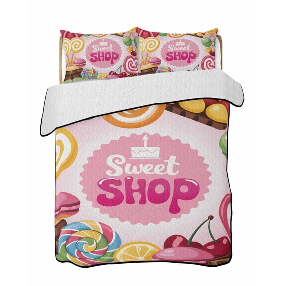 Colorful Candy Quilts Bedding Set California King Cake Sweet Shop Chocolate Sticks Fruit Lightweight Quilted Bedspread 3 Piece Bed Quilt with 2 Pillow Shams All Season for Bedroom 96" x 106"