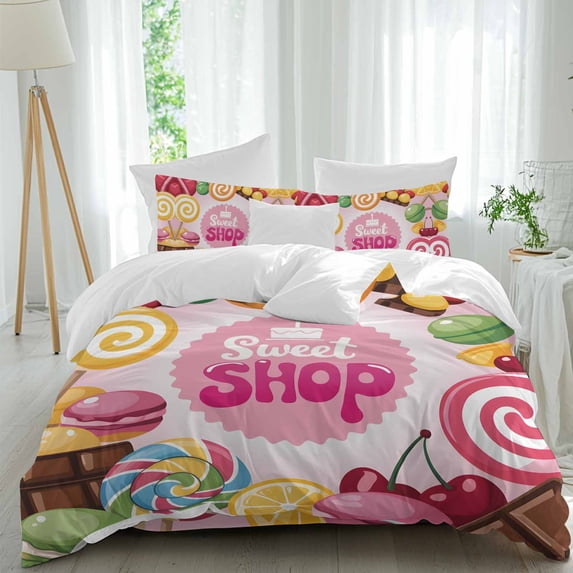 Colorful Candy Twin Size Comforter Set, Cake Sweet Shop Chocolate Sticks Fruit Bedding for All Seasons, 4 Pcs Bed Set, 1 Quiltcover (68"x86") ,1Sheet(67"x116"), 2Pillowcases (30"x20")