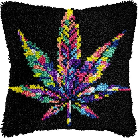 Colorful Cannabis Leaf Latch Hook Pillow Kits Pillow Cover Latch Hook Crafts Crochet Knitted Hooking Pillowcase Cushion Crafts Embroidery Latch Hooking Kits Material Set 17x17 inch(49)