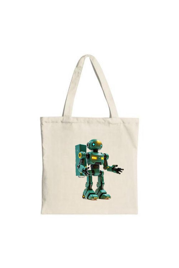 Colorful Canvas Tote Bag featuring a futuristic green robot with blue and yellow lights perfect for shopping travel and parties