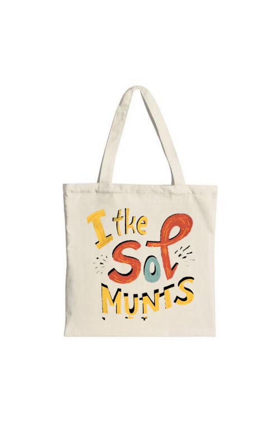 Colorful Canvas Tote Bag featuring bold " I like Sol Munts " design in red and yellow perfect for shopping travel and parties