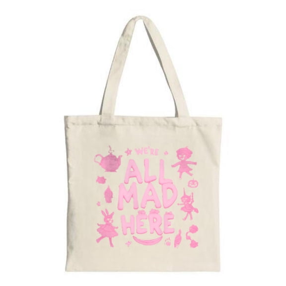 Whimsical Canvas Tote Bag with ' YOU ALL MAD HERE ' in Bold Pink Featuring Teapot Rabbit Pumpkin & Dancing Figures - Perfect for Shopping & Travel