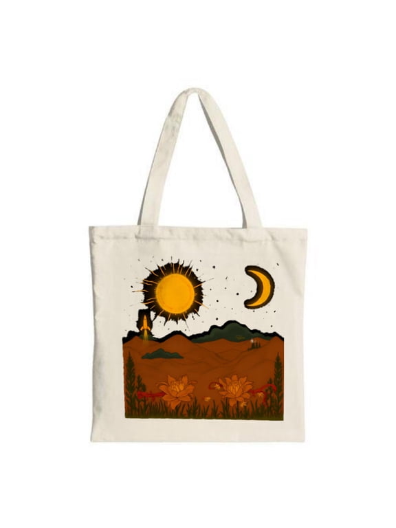 Serene Landscape Tote Bag - Vibrant Sun & Moon Design Perfect for Travel Shopping & Parties - Eco-Friendly Canvas Bag