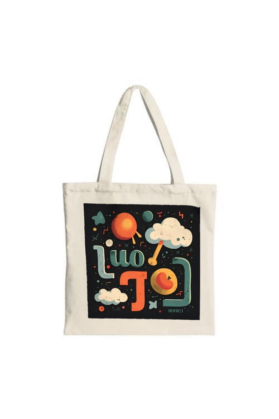 Colorful Canvas Tote Bag with ' Luu ' Text Abstract Shapes & Whimsical Elements - Perfect for Shopping Travel & Parties