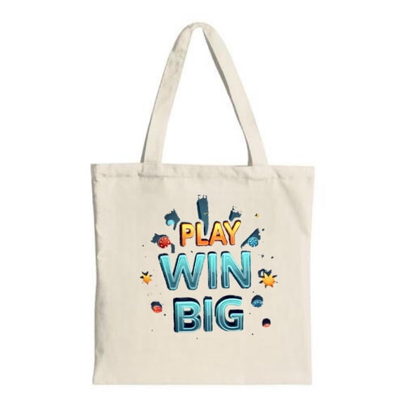 Colorful Canvas Tote Bag with " PLAY WIN BIG " in bold letters adorned with stars and game Perfect for shopping and travel