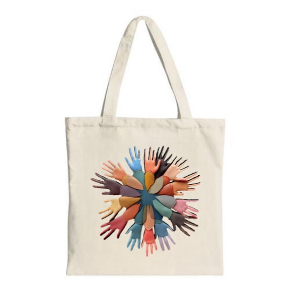 Colorful Canvas Tote Bag with Vibrant Hands Design in Circular Pattern - Perfect for Shopping Travel and Parties