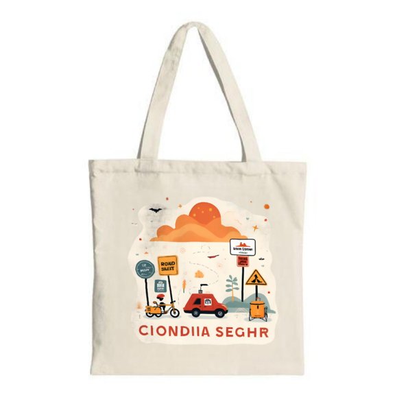 Colorful Canvas Tote Bag with Vibrant Sunset Design Featuring Clouds Motorcycles and ' BIK MART ' Signs - Perfect for Shopping and Travel