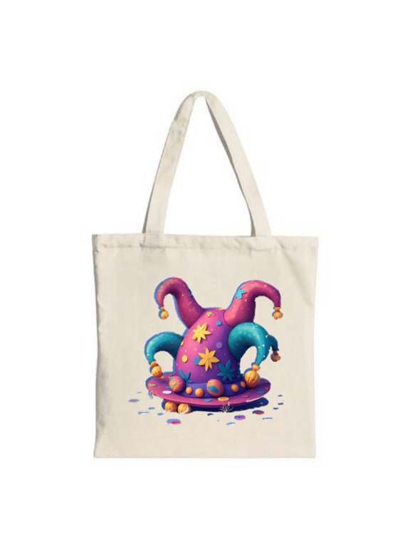 Colorful Canvas Tote Bag with Whimsical Jester Hat Design - Vibrant Purple with Pink & Blue Tassels Perfect for Parties & Shopping