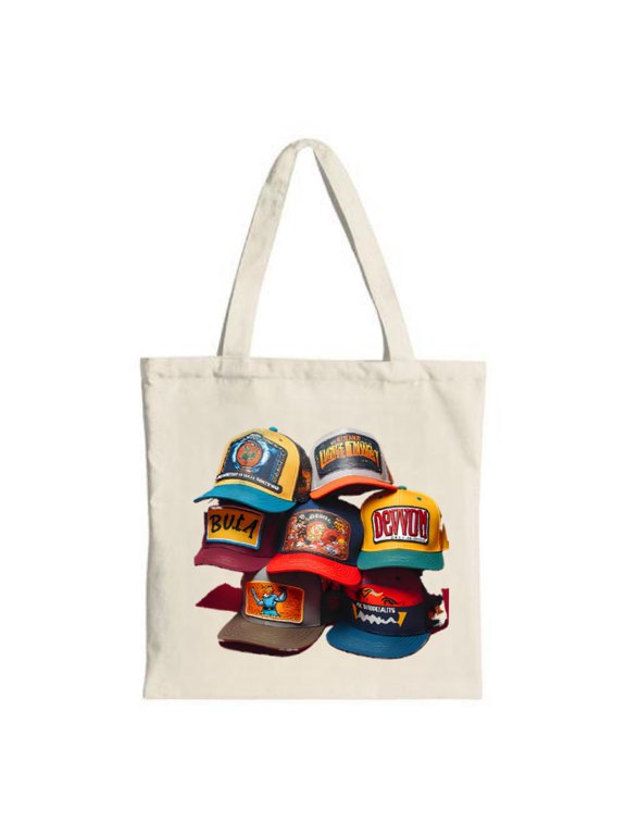 Colorful Caps Tote Bag - Canvas Multifunctional Reusable Shopping Bag for Parties Travel & Shopping Featuring Designs