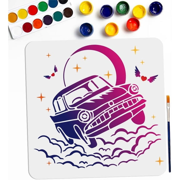 Colorful Car Moon Clouds Stencils 11.811.8inch Large Sky Space Retro Car Painting Stencil with Paint Cloud Moon Template for Crafts Wood Wall Fabric Paper Wall Furniture DIY