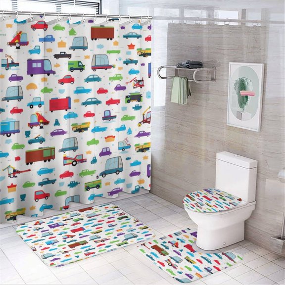 Colorful Car Pattern Background Shower Curtain Waterproof Bathroom Curtain Set with Hooks Home Decor Bathroom Curtains 4pcs