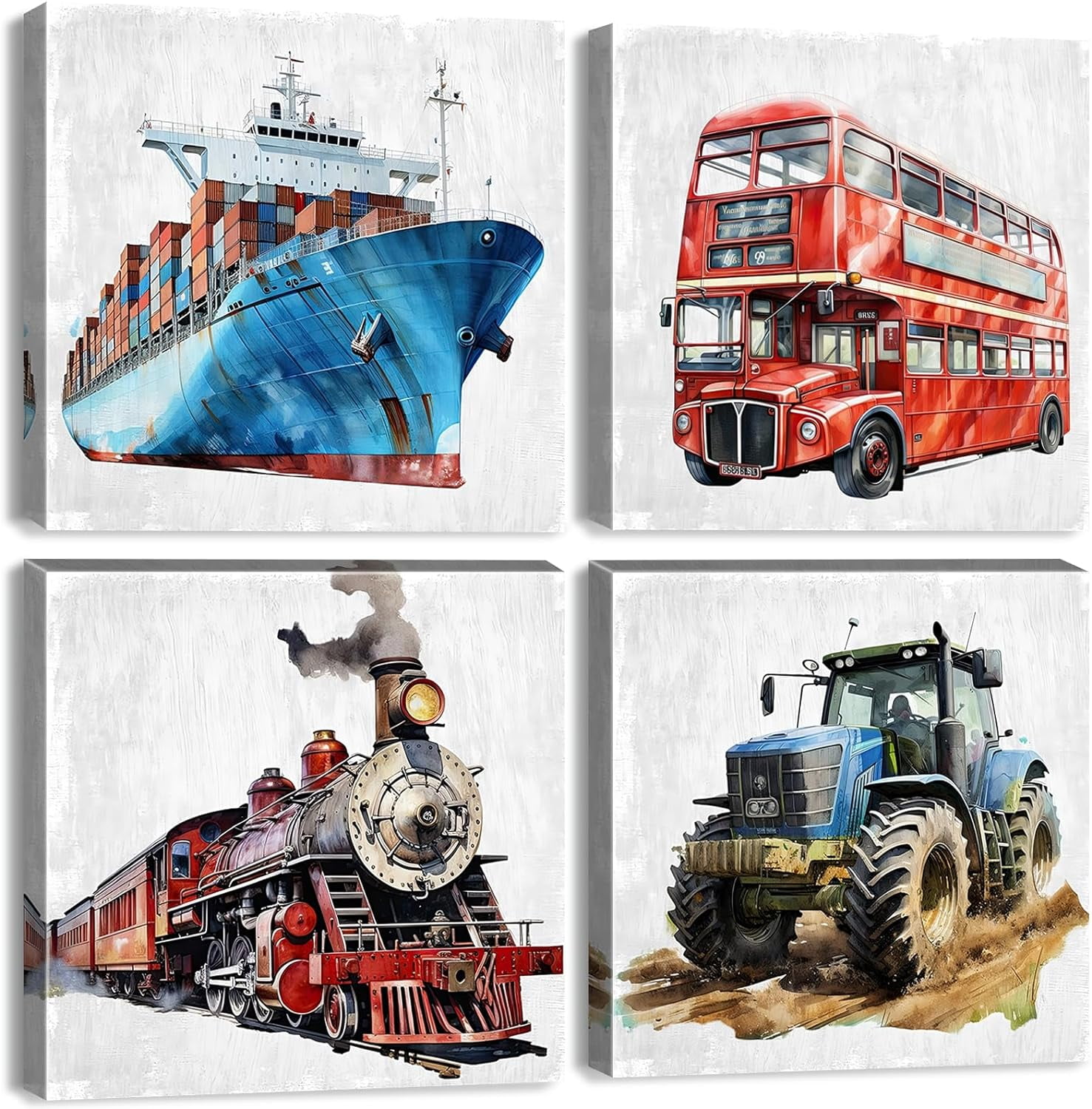 Colorful Car Wall Art Construction Decor for Boys Bedroom Watercolor Truck Bus Ship Train Canvas