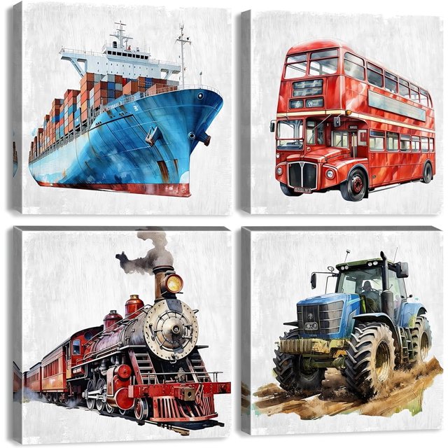 Colorful Car Wall Art Construction Decor for Boys Bedroom Watercolor