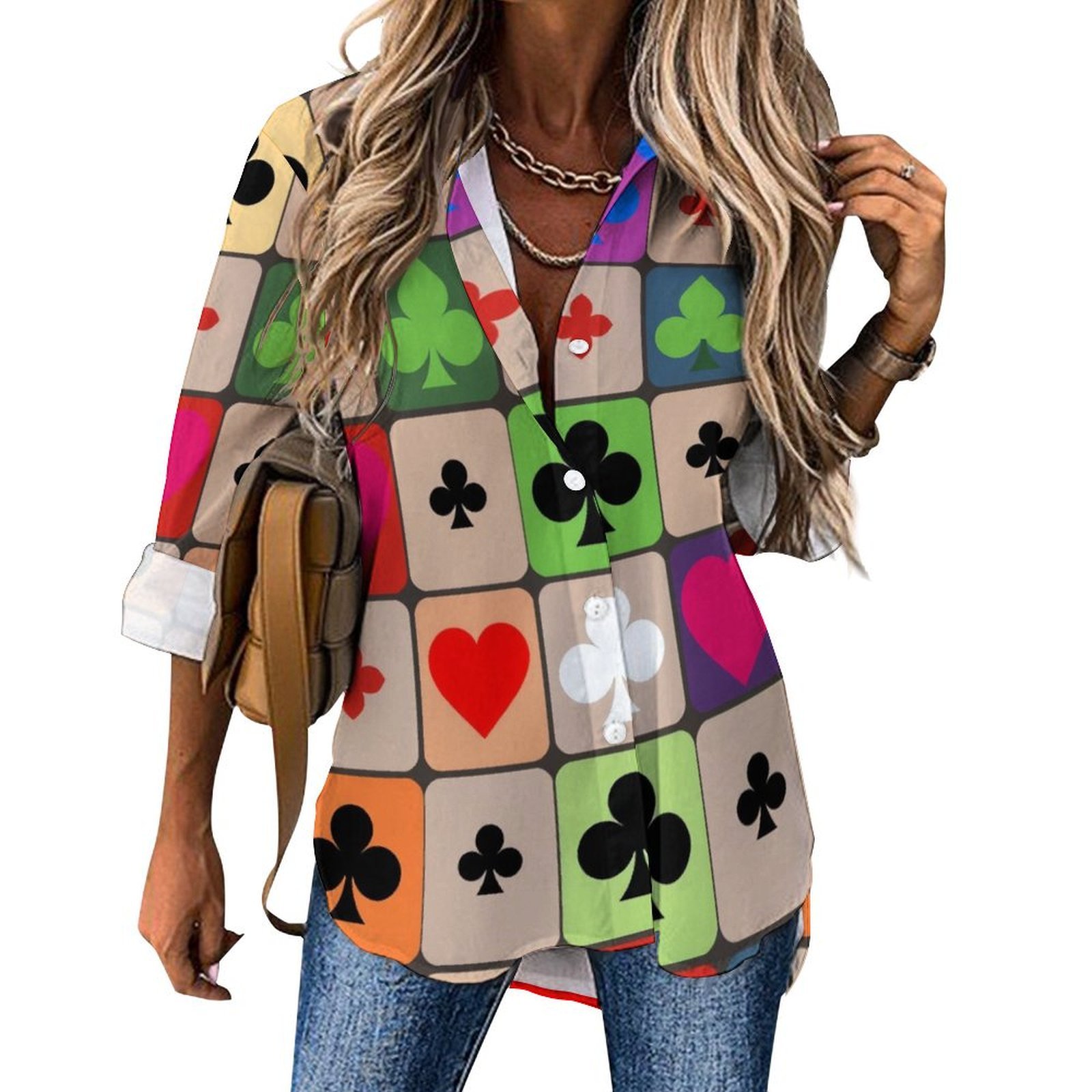 Colorful Card Suits Pattern Blouse Kawaii Graphic Blouses Women Long ...