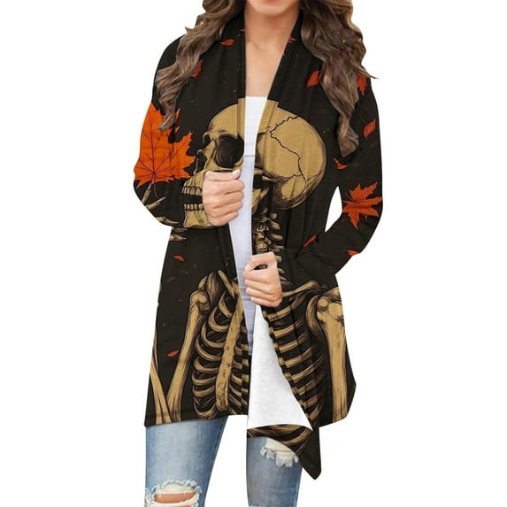 Colorful Happy Vacation Halloween Casual for Women Fall Winter Spandex Skeleton Print Loose Fit Long Cardigan Outfits Ladies 2025 Clothes Y2K M
