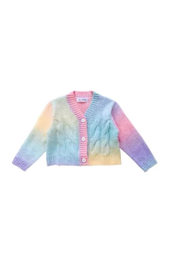 Colorful Cardigans Girls 1-8 Years Tie-Dying Button Up Long Sleeve Crop Knit Sweater V Neck Kids Toddler Fall Clothes, Multicolor, 7 Years