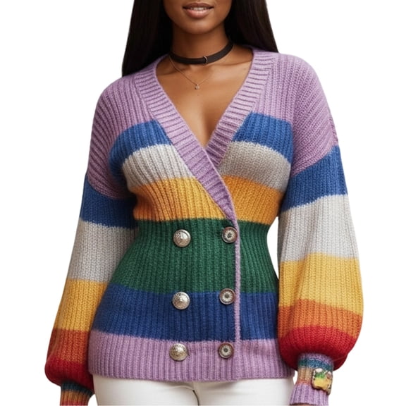 Colorful Cardigans for Women Double-Breasted V Neck Striped Button Up Sweaters with Lantern Sleeves for Party