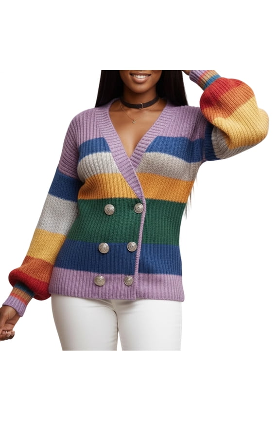 Colorful Cardigans for Women Double-Breasted V Neck Striped Button Up Sweaters with Lantern Sleeves for Party