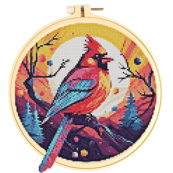 Colorful Cardinal Bird Cross Stitch Kits for Starter Kits DIY 11CT Pre-printed Patterns Needlepoint Embroidery Cross Stitching Needlework Kit Set Supplies with Hoop 38x38cm