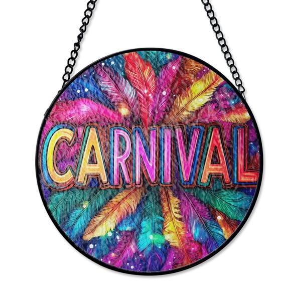 Colorful Carnival Feathers Suncatcher, Stained Glass Style UV Printed Glass, Mardi Gras Festival Decor Gift, Round