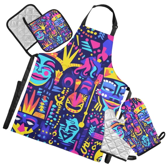 Colorful Carnival Masks and Faces Oven Mitts and Pot Holders with Chef Apron Set 5 Pcs Kitchen Cooking Set